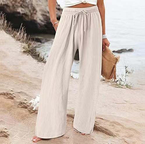 Damen-Strandhose mit weitem Bein aus Baumwolle und Leinen, Freizeithose