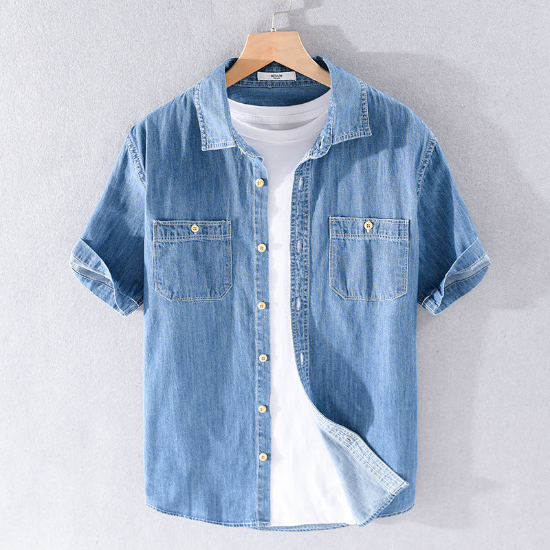 Men's casual denim short-sleeved shirt, simple all-match