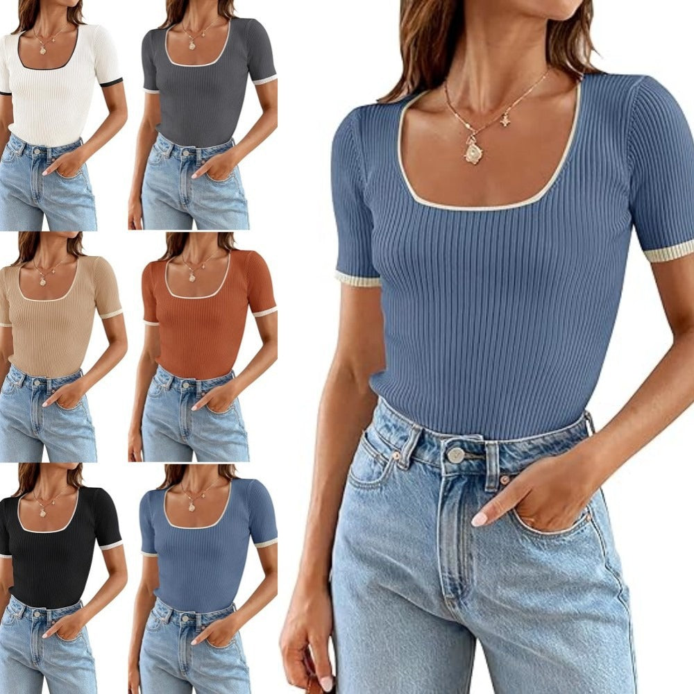 Women's collar square practical short sleeve T-shirt casual all-matching tops