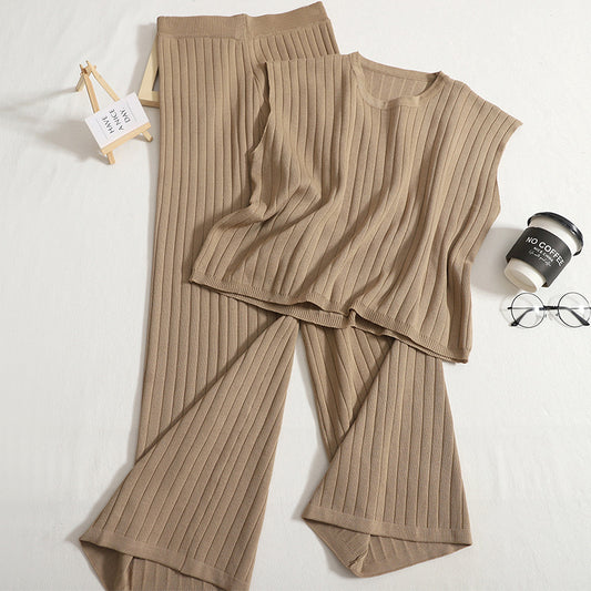 Women Knitted Suit Solid Color Sleeveless Vest with High Waist Wide Leg Pants Two Piece Set