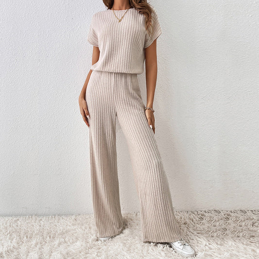 Women's set with round neck, plain, fashionable knitted top and trousers