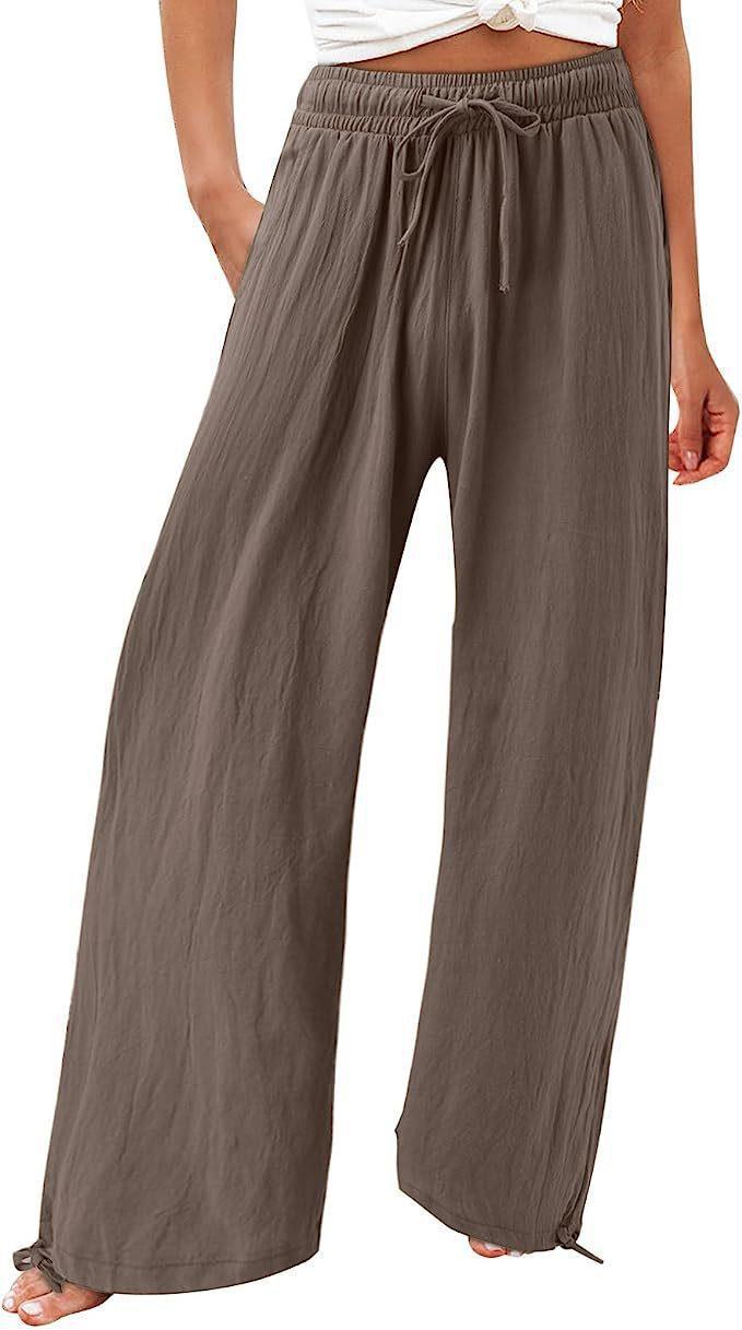 Damen-Strandhose mit weitem Bein aus Baumwolle und Leinen, Freizeithose