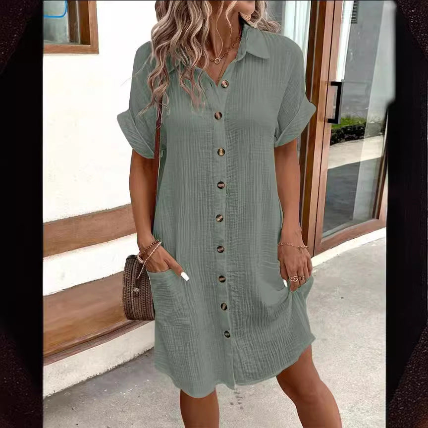 Women's Solid Color Single-breasted Mid-length Short Sleeve Loose Dress