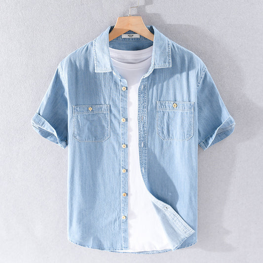 Men's casual denim short-sleeved shirt, simple all-match