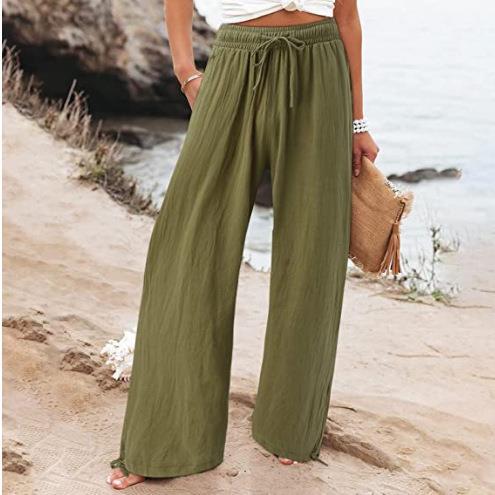 Damen-Strandhose mit weitem Bein aus Baumwolle und Leinen, Freizeithose