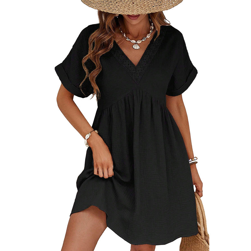 Women's Solid Color Short Sleeve Dress Women's European And American Style