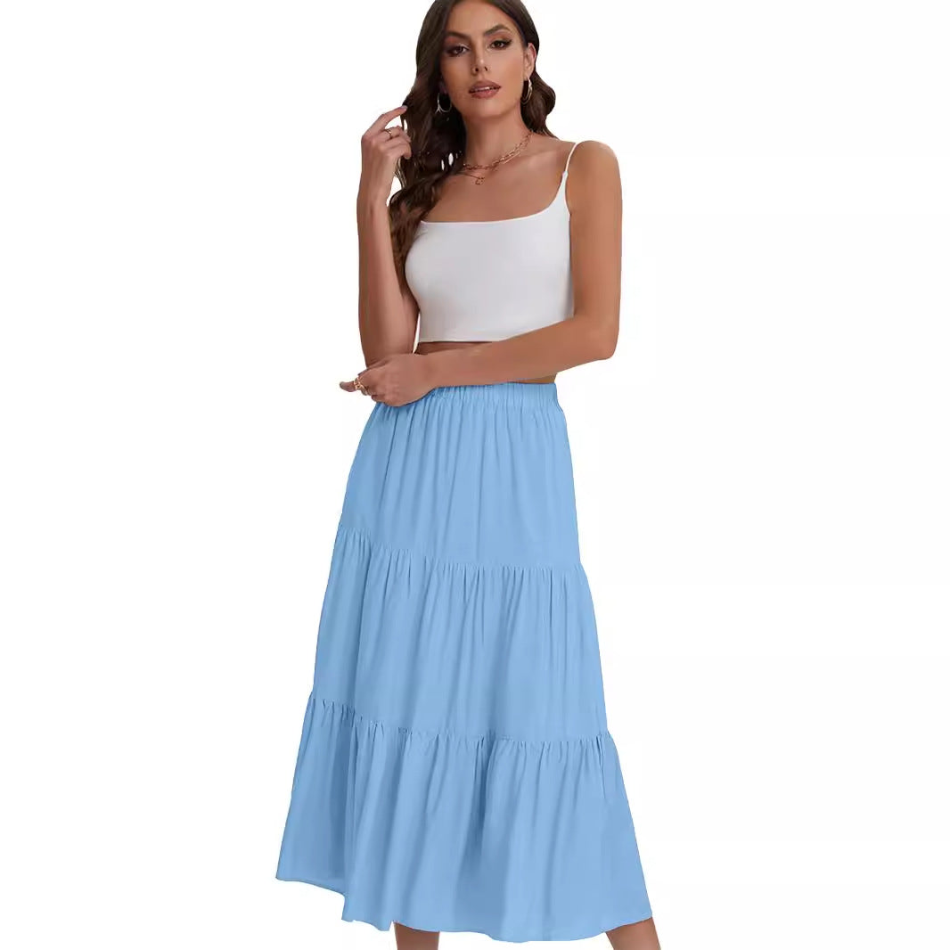 Women's Elastic High Waist Long Skirt Drawstring A- Line