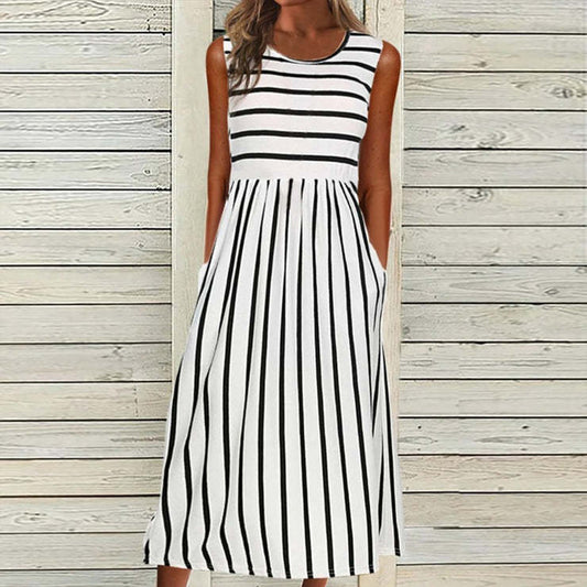 Women Dress Striped Printed Round Neck Sleeveless Pocket