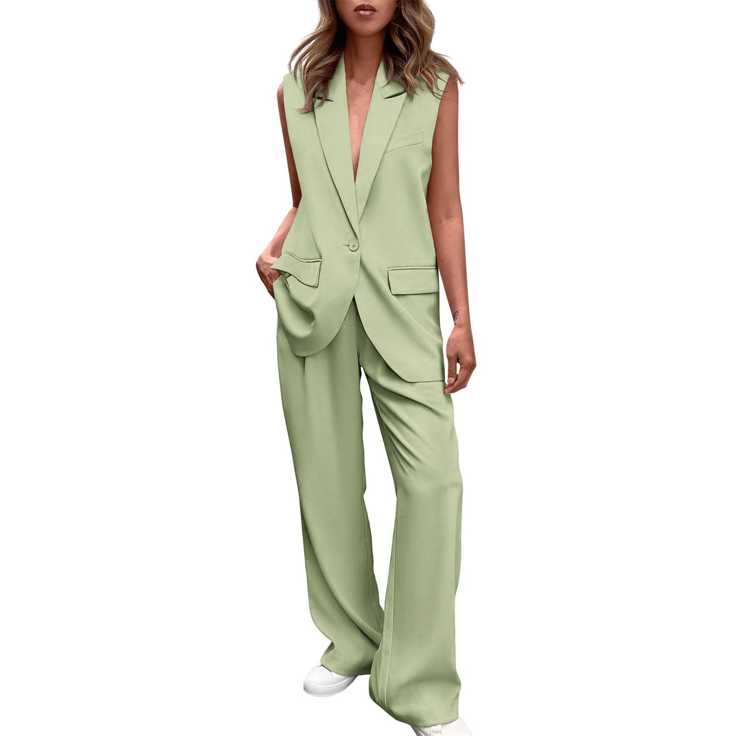 Women's Fashion Sleeveless Small Suit Straight-leg Trousers Suit