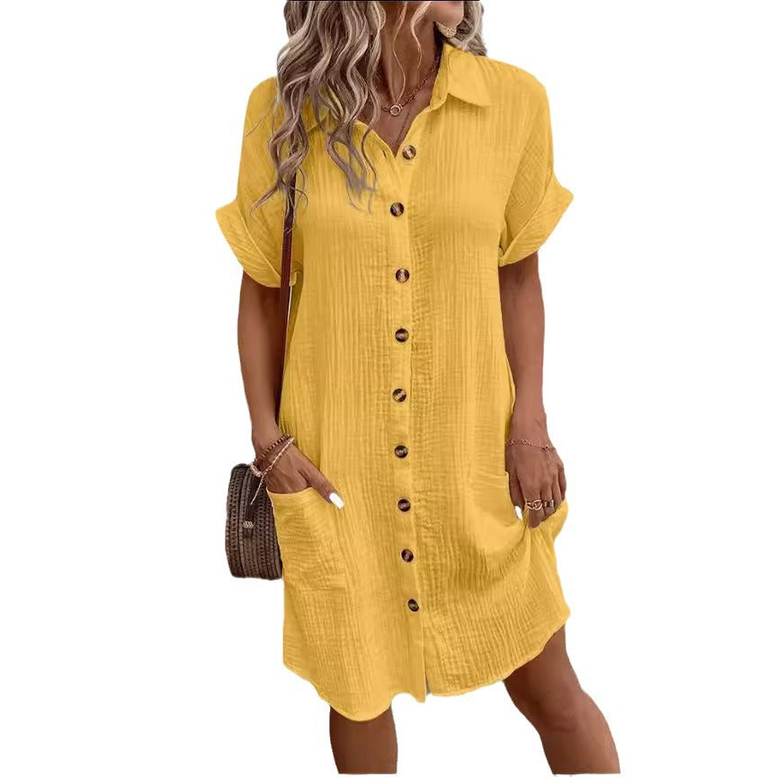 Women's Solid Color Single-breasted Mid-length Short Sleeve Loose Dress