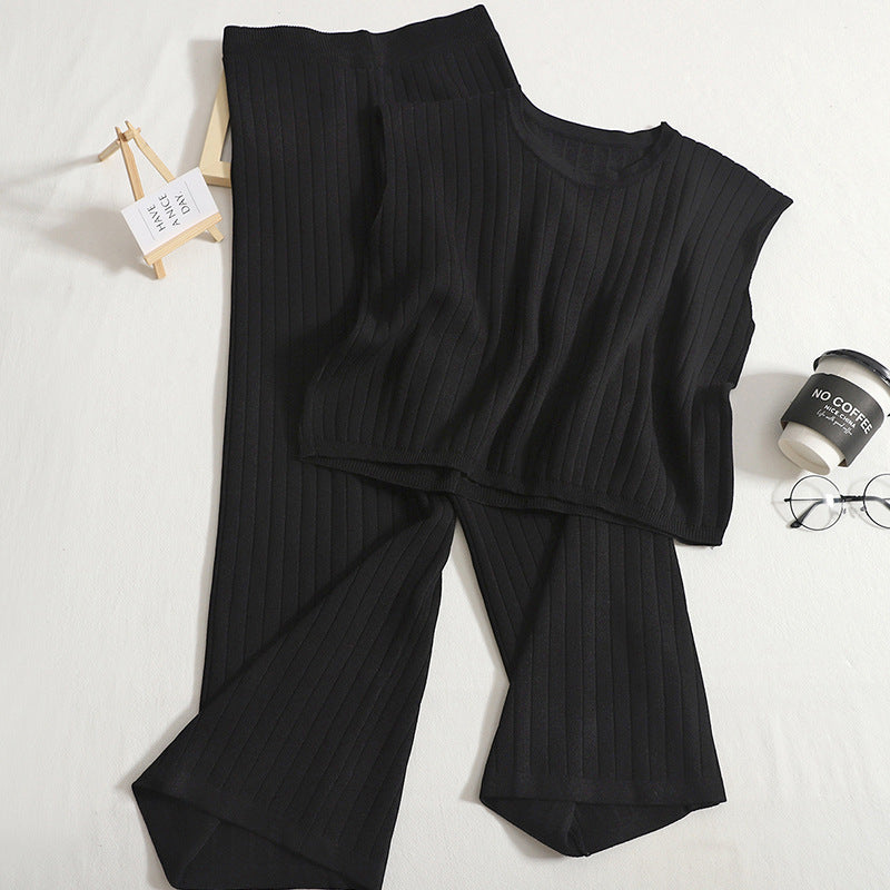 Women Knitted Suit Solid Color Sleeveless Vest with High Waist Wide Leg Pants Two Piece Set