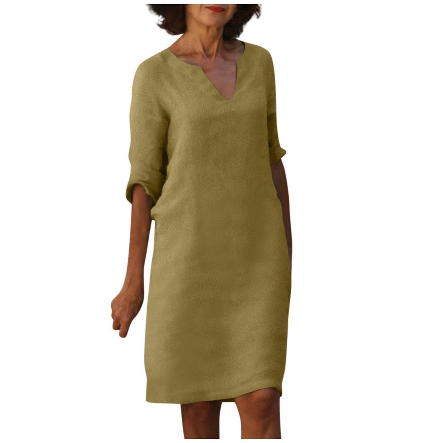 Damen Kleid aus Baumwolle und Leinen mit V-Ausschnitt und hoher Taille, Retro-Stil, reine Farbe, 34 Ärmel