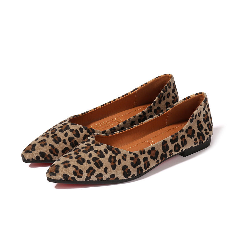 Women Shoes flachem Mund All-Match Vintage mit Leoparden Muster Spitze weiche Sohle Schuhe