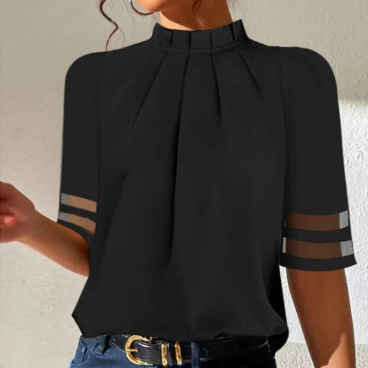 Women's Pure Black Pleated Small Turtleneck Fashion Top