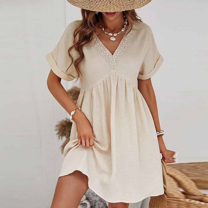 Women's Solid Color Short Sleeve Dress Women's European And American Style