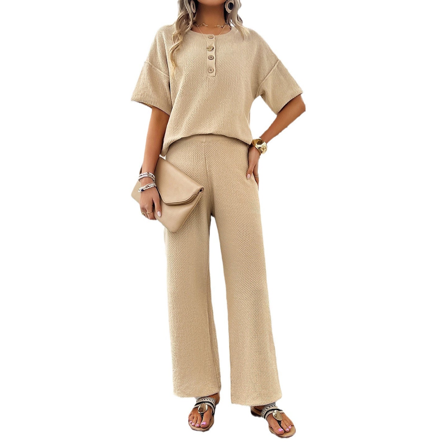 Women's solid color knitted short sleeve trousers set