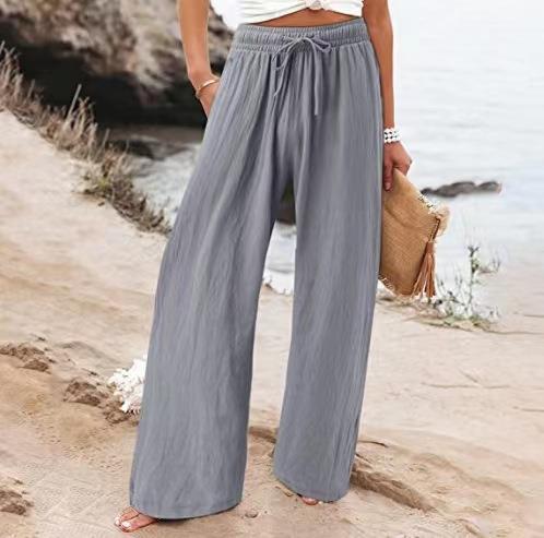 Damen-Strandhose mit weitem Bein aus Baumwolle und Leinen, Freizeithose