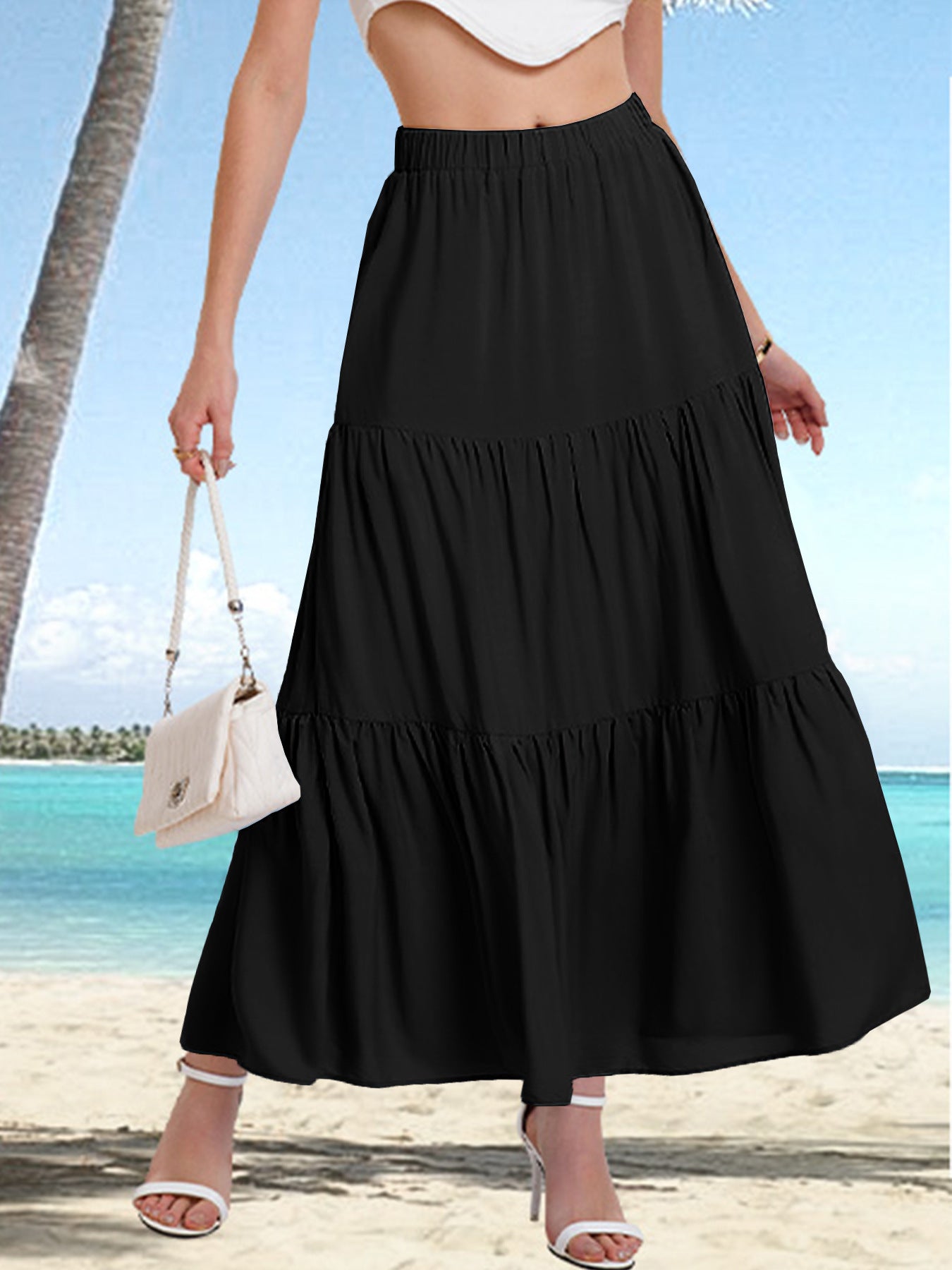 Women's Elastic High Waist Long Skirt Drawstring A- Line