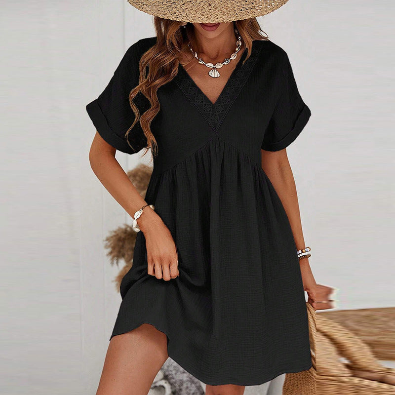 Women's Solid Color Short Sleeve Dress Women's European And American Style