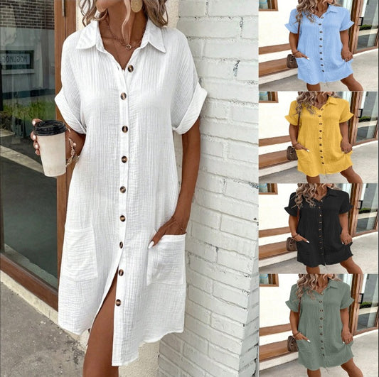 Women's Solid Color Single-breasted Mid-length Short Sleeve Loose Dress
