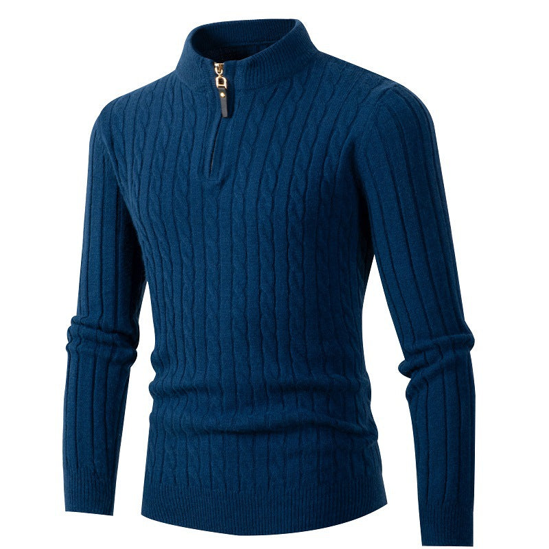 Men's Thick Twist Sweater Zipper Half Open High Collar Warm Sweater Bottoming Shirt