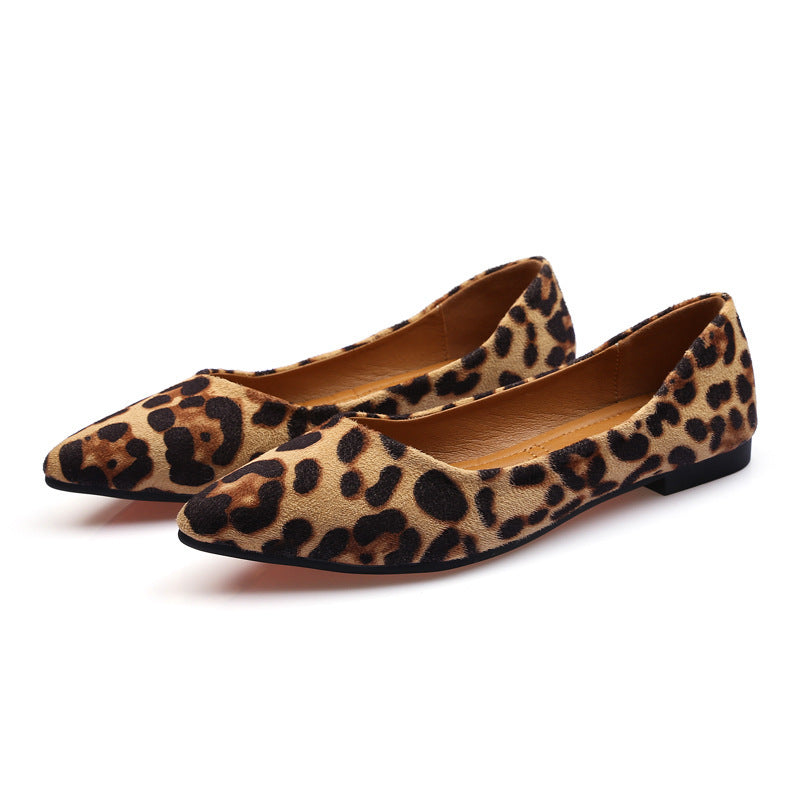 Women Shoes flachem Mund All-Match Vintage mit Leoparden Muster Spitze weiche Sohle Schuhe