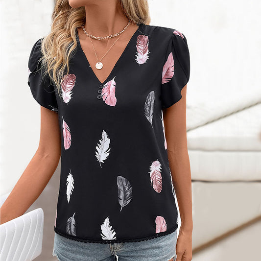 Women's casual V-neck shirt with feather print