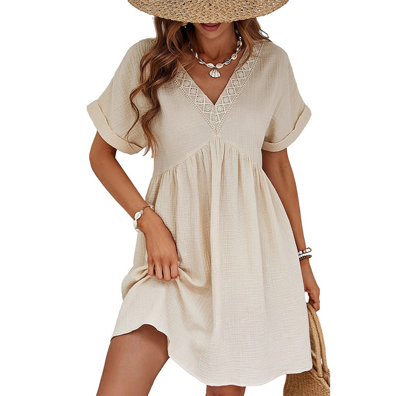 Women's Solid Color Short Sleeve Dress Women's European And American Style