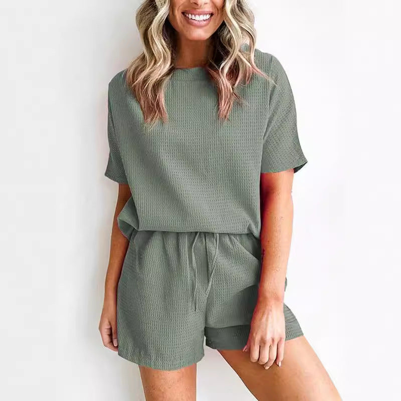 Women's Short-sleeved Home Wear Solid Color Casual Waffle Two-piece Set