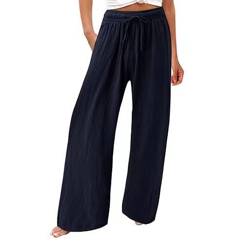 Damen-Strandhose mit weitem Bein aus Baumwolle und Leinen, Freizeithose