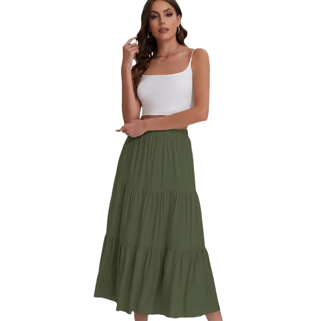 Women's Elastic High Waist Long Skirt Drawstring A- Line