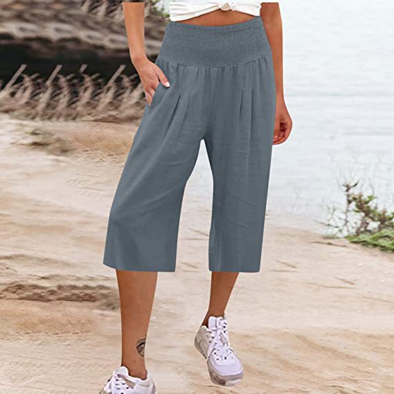 Kurze, dünne, lässige Hose mit weitem Bein für Damen aus Baumwolle und Leinen