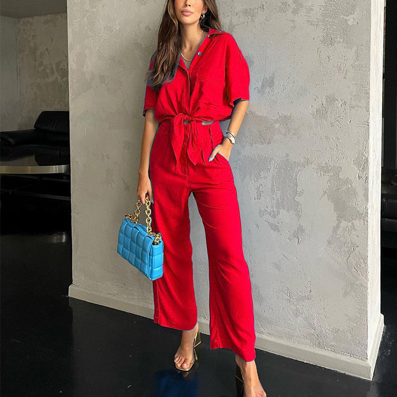 Women Top Cotton Linen Wide Leg Pants Two-piece Suit