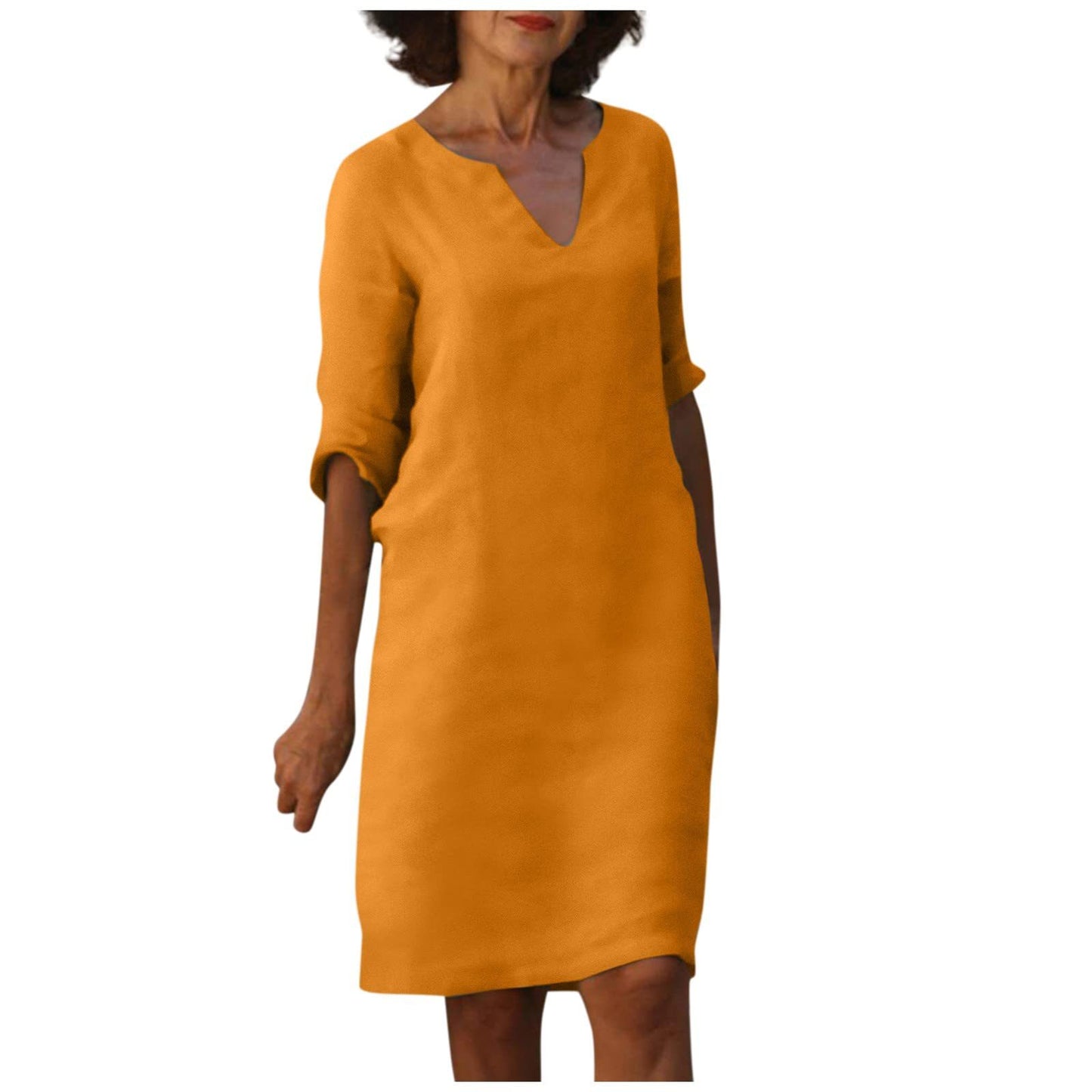 Damen Kleid aus Baumwolle und Leinen mit V-Ausschnitt und hoher Taille, Retro-Stil, reine Farbe, 34 Ärmel