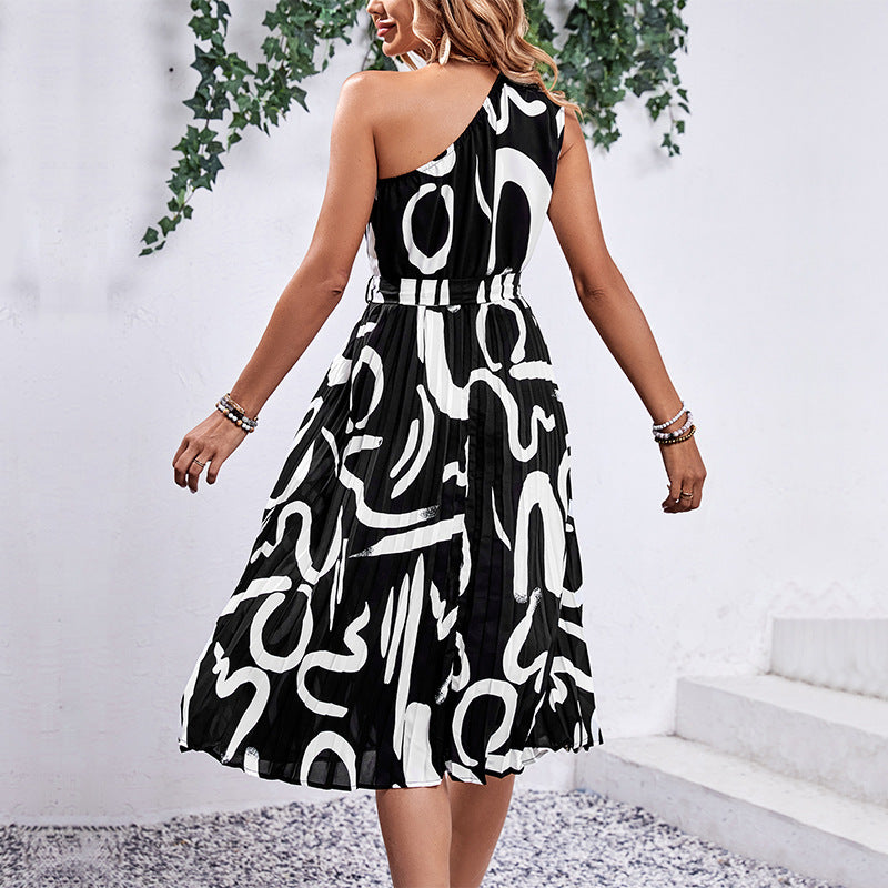 Women Dress Letter Printing Sloping Shoulder