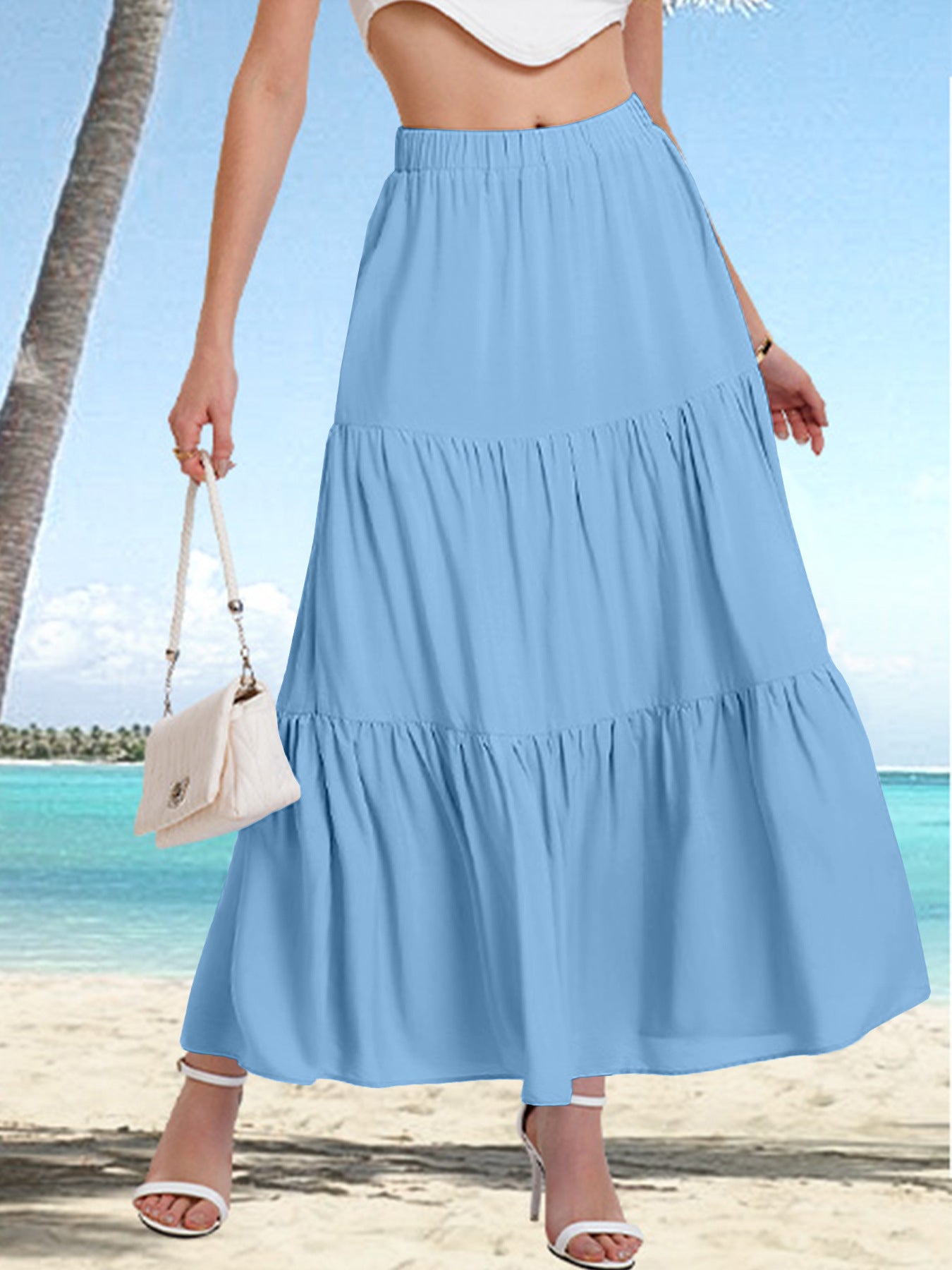 Women's Elastic High Waist Long Skirt Drawstring A- Line