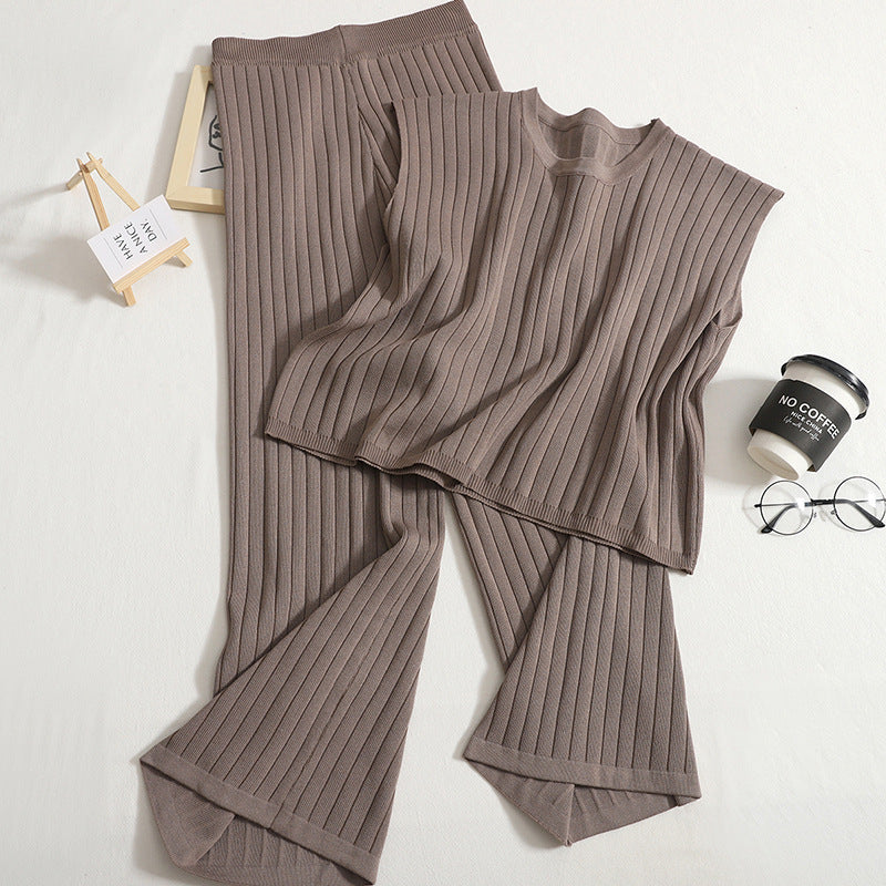 Women Knitted Suit Solid Color Sleeveless Vest with High Waist Wide Leg Pants Two Piece Set