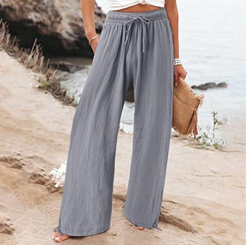 Damen-Strandhose mit weitem Bein aus Baumwolle und Leinen, Freizeithose