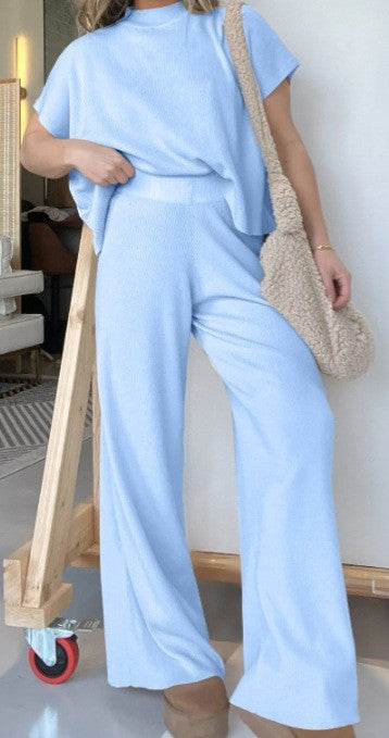 Women's Solid Color Knitted Crew Neck Casual Suit