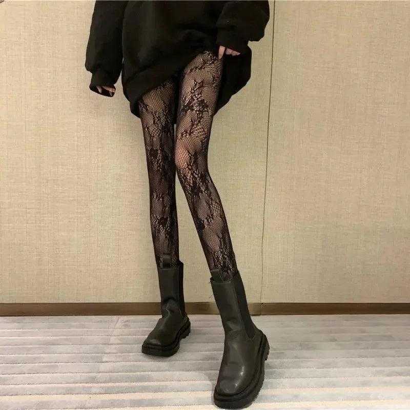 Women Black White Hollowed Lace Mesh Stockings Bottomed Pantyhose Japanese Goth Floral Rattan Stocking Hot Classic Tights