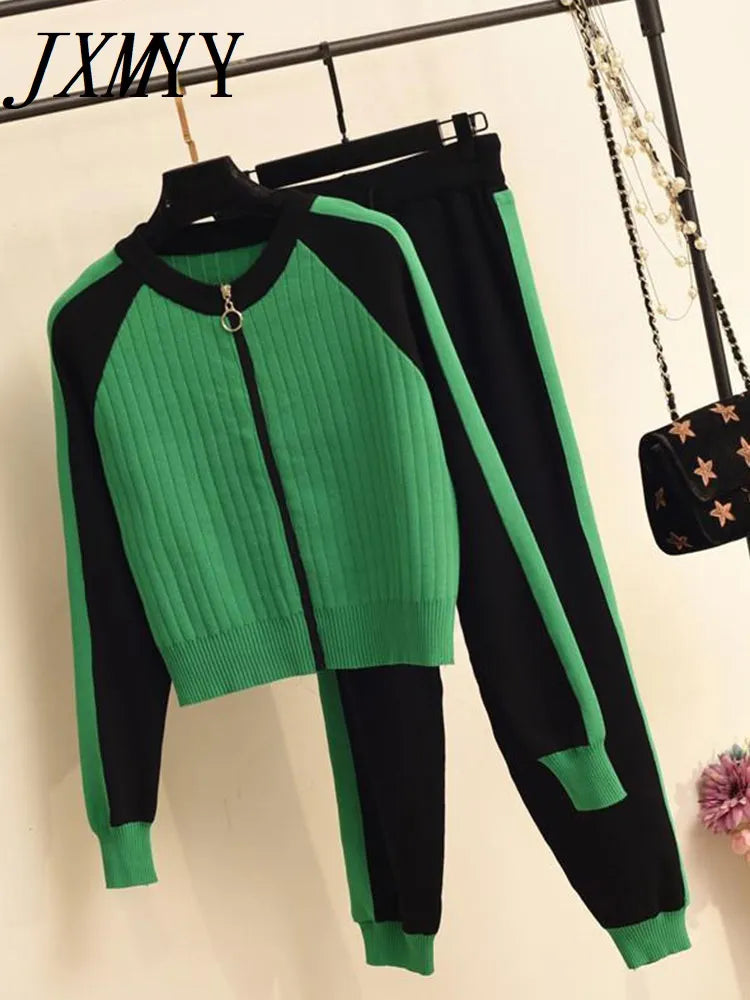 Women Casual Two-Piece Sweater Cardigan Jacket Women Autumn New Womens Knitted Suit Fashion Baseball Sports Zip Top And Pants Set