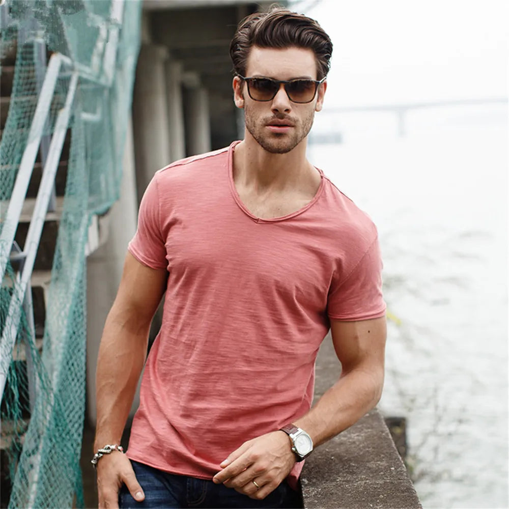 Men's-Shirt AIOPESON 100% Cotton Men T-shirt V-neck Fashion Design Slim Fit Soild T-shirts Male Tops Tees Short Sleeve T Shirt For Men