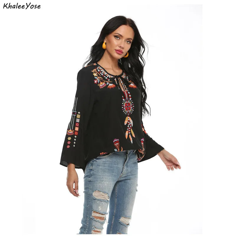 Women KHALEE YOSE Black Boho Embroidery Blouses Shirt Women Autumn Spring Mexican Shirt Long Sleeve Hollow Out 23xl Ethnic Chic Shirt