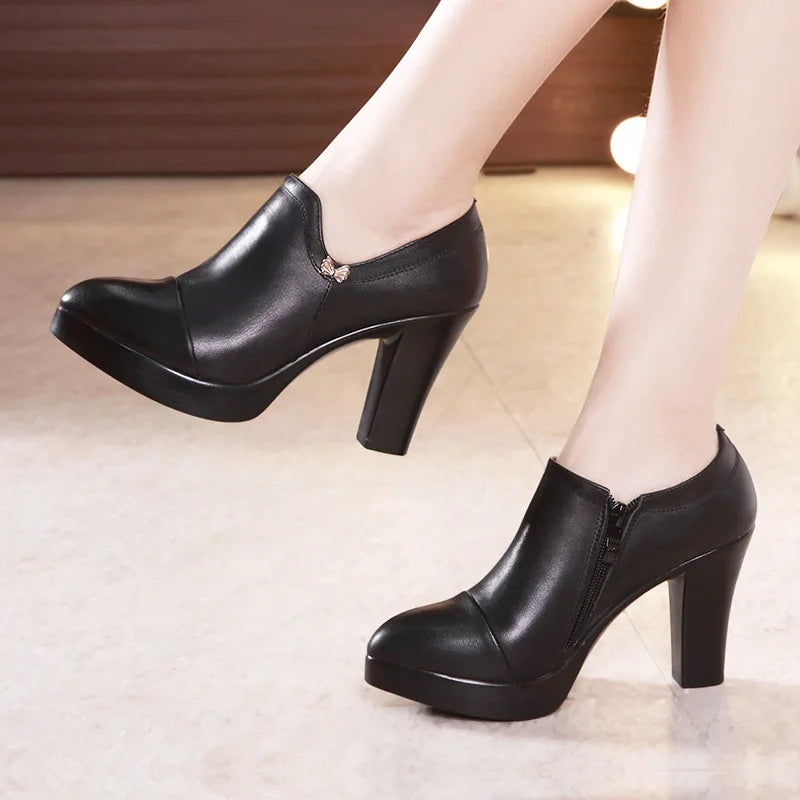 Women Hot Heels Platform Pumps Women 2024 Fall Black Split Leather Shoes High Heels for Thin Feet Office Model Mom