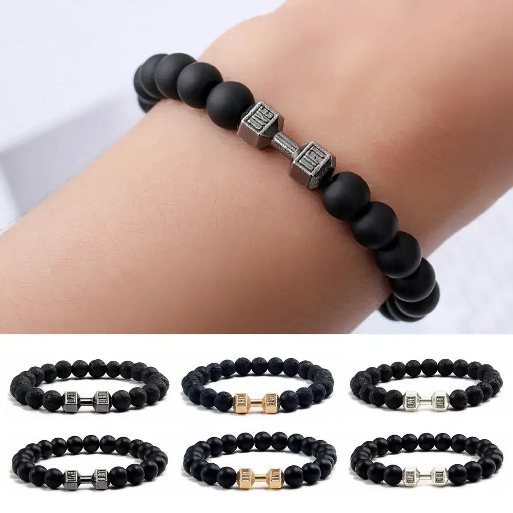 Schmuck Hochwertiges Herren-Perlenarmband, natürlicher schwarzer, mattierter Achat, Hantel-Charm-Armband, Energie-Fitness-Langhantel-Modeschmuck