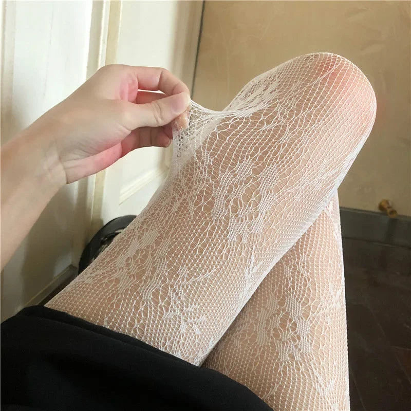 Women Black White Hollowed Lace Mesh Stockings Bottomed Pantyhose Japanese Goth Floral Rattan Stocking Hot Classic Tights