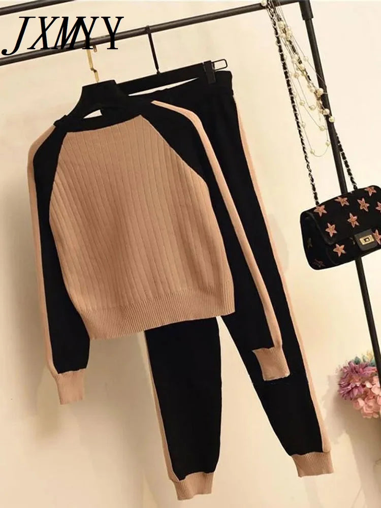 Women Casual Two-Piece Sweater Cardigan Jacket Women Autumn New Womens Knitted Suit Fashion Baseball Sports Zip Top And Pants Set