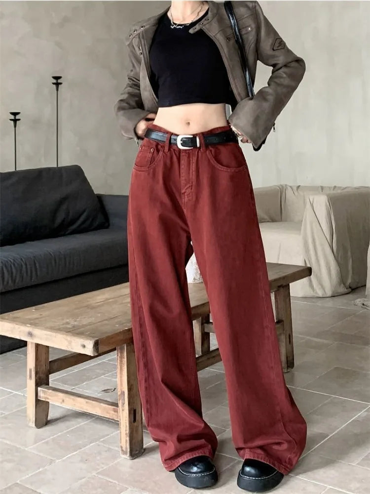 HOUZHOU – jean Baggy rouge Y2K pour femme, pantalon en Denim surdimensionné, mode Acubi, ample, taille haute, jambes larges, Streetwear Harajuku