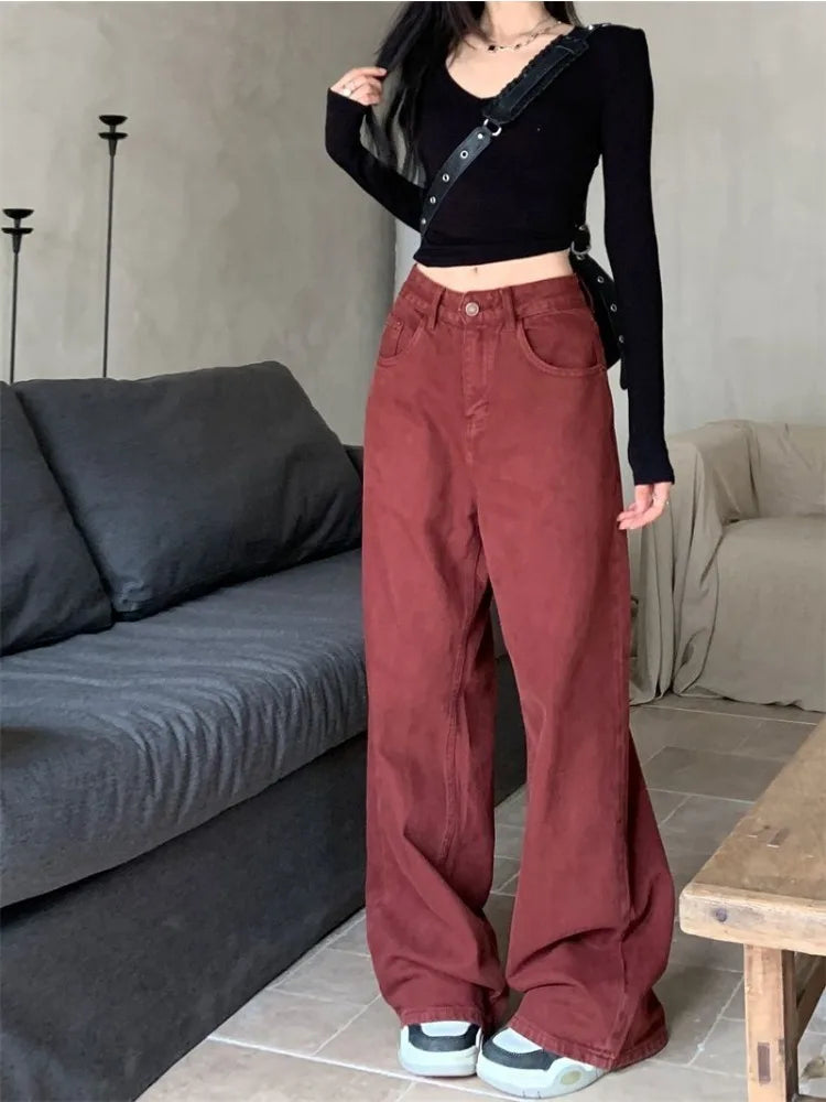 HOUZHOU – jean Baggy rouge Y2K pour femme, pantalon en Denim surdimensionné, mode Acubi, ample, taille haute, jambes larges, Streetwear Harajuku