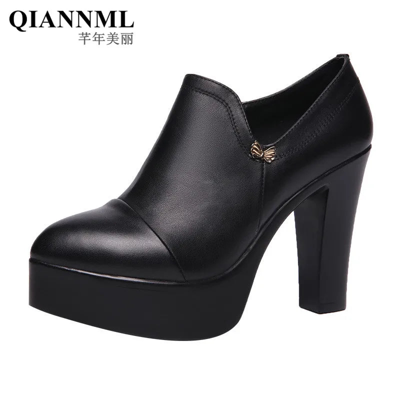 Women Hot Heels Platform Pumps Women 2024 Fall Black Split Leather Shoes High Heels for Thin Feet Office Model Mom